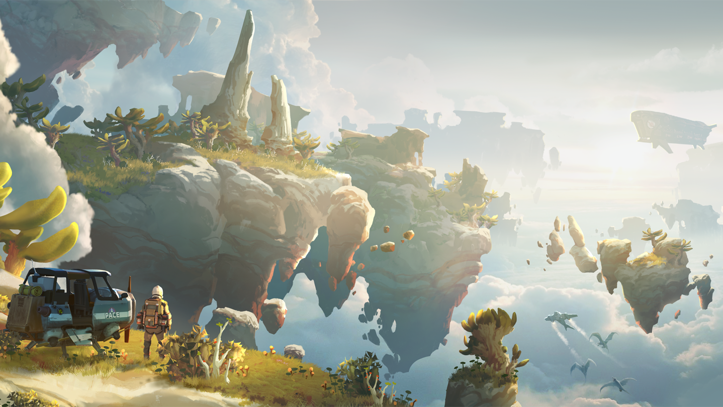 An explorer and flying craft on a floating island above the clouds